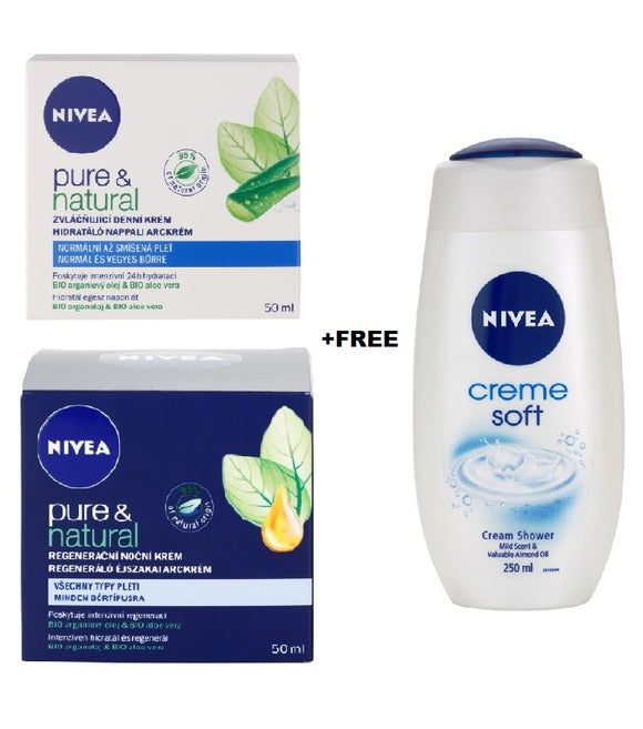 Nivea Visage Pure & Natural Day & Night Cream Set +FREE NIVEA Care shower Cream Soft 250 ml