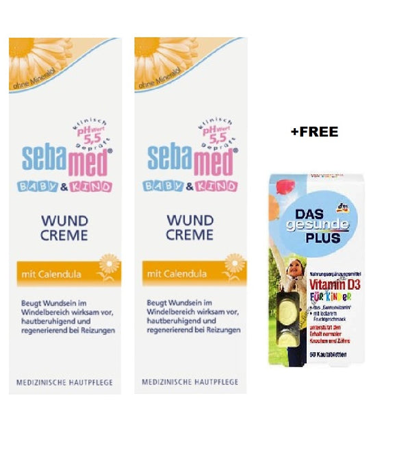 2xPack Sebamed BABY & CHILD WOUND CREAM with Calendula - 150 ml +FREE Mivolis Vitamin D3 Chewable Tablets for Children