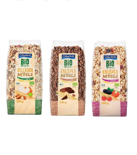 3xPack Mix Crownfield Bio Organic Grain-Fruit-Crunchy Chocolate Museli Breakfast Cereals